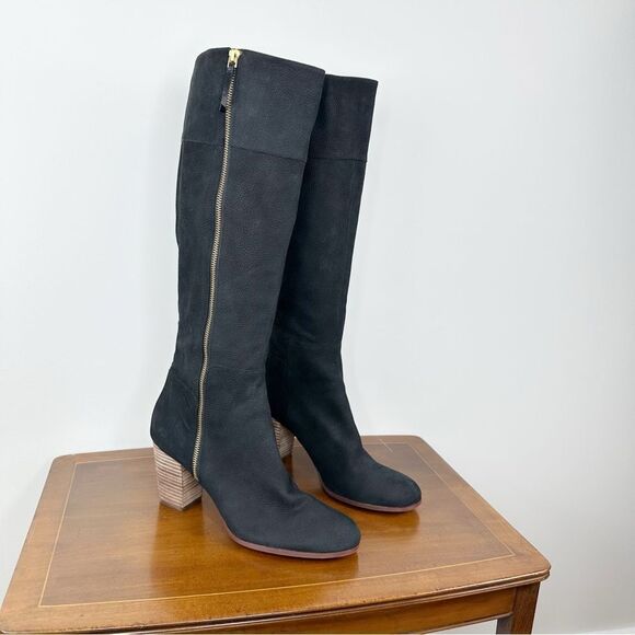 Cole Haan Davenport Tall Black Pebbled Nubuck‎ Leather Stacked Block Heel Boots - Picture 3 of 15